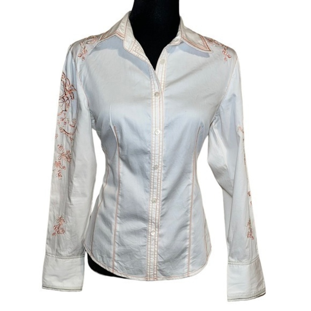 Think Tank White Long Sleeve Orange Embroidery Wester Button down Shirt